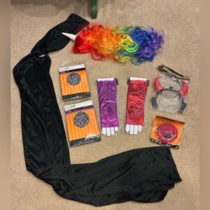 Colorful Costume Accessories Set with Rainbow Wig and Black Cape